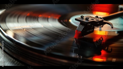 Close-up of a vinyl record player needle on a spinning record, depicting the classic audio experience with a modern twist in high fidelity - AI generated.