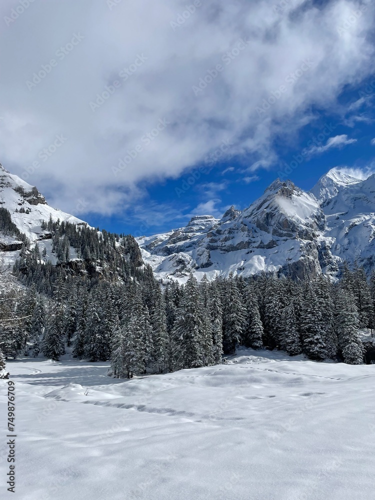 Schweizer Berge im Winter mit Schnee und blauem Himmel 