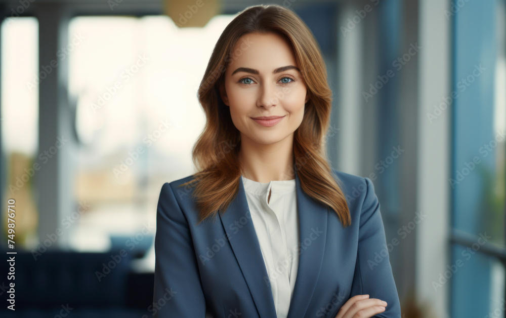 Confident businesswoman in a blue suit in an office Confident businesswoman in a blue suit in an office
