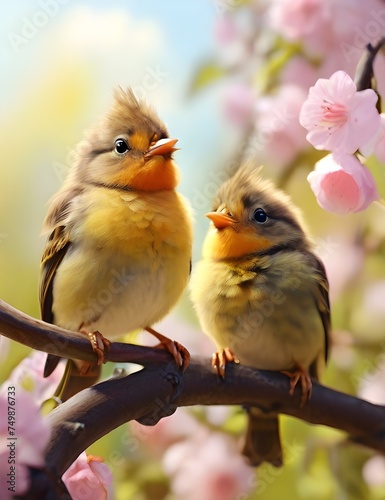 funny little birds sit on a branch in a spring Sunny Park and chirp Generative AI