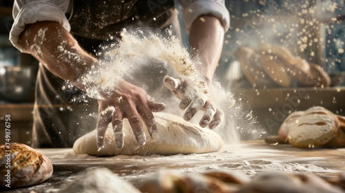 Artisan baker skillfully shaping dough amidst a cloud of flour in a rustic kitchen, showcasing the timeless craft of bread making - AI generated