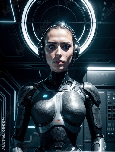 An android girl, in the middle of a technology room. Standing in the centre of the room with her arms along her body. For the poster.