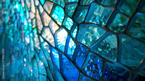 Stained glass surfaces in cool blue hues