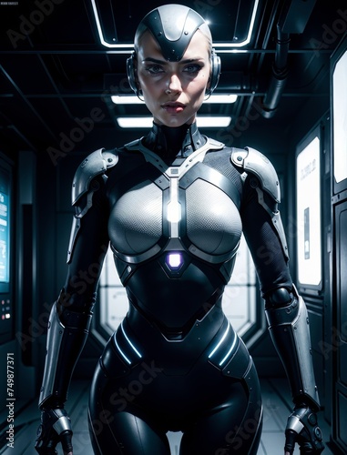 An android girl, in the middle of a technology room. Standing in the centre of the room with her arms along her body. For the poster.