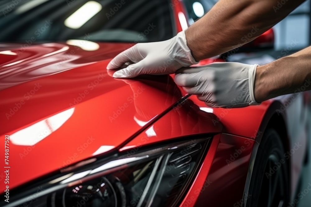 Professional unrecognizable Caucasian specialist male man guy worker master wrapping installing protective film vinyl foil new red sport car automobile transport paint protection indoors salon service