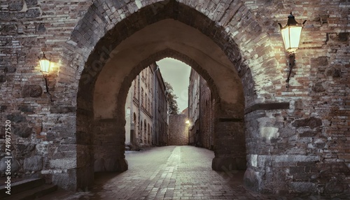 ancient old brick wall with arch entrance in a famous landmark in riga latvia