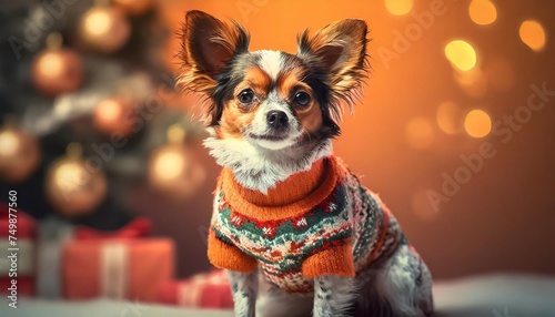 a charming small dog adorns a christmas sweater on an orange backdrop