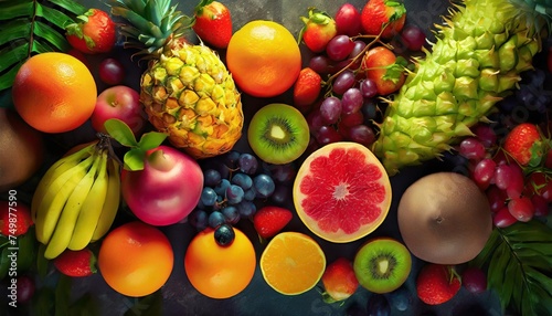 assortment of colorful ripe tropical fruits top view