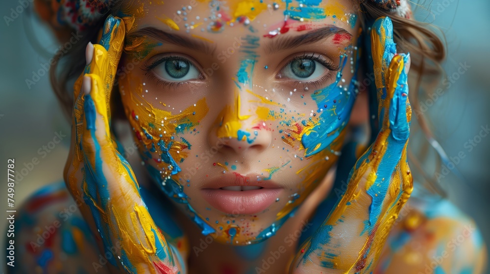 a close up of a girls face with paint on it.