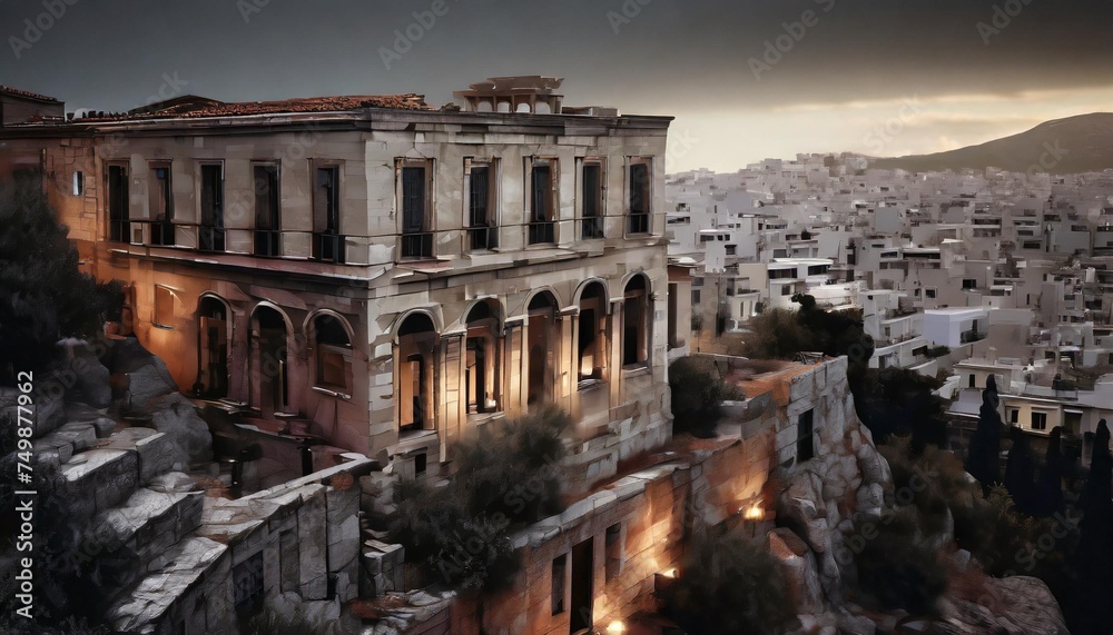 old ruined building in top of plaka district as seen in athens skyline