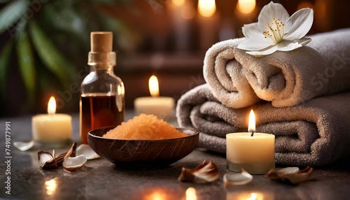aromatherapy atmosphere of relax serenity and pleasure concept of spa treatment in salon natural organic essential oil towel burning candles anti stress detox procedure wellness banner