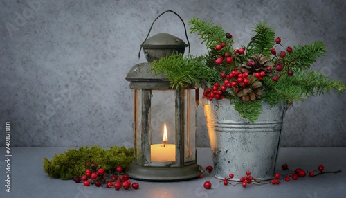 vintage lantern with moss and burning candle banches christmas tree in bucket red briar berries in pendant in front of grey textured backgrond selective focus is on bucket photo