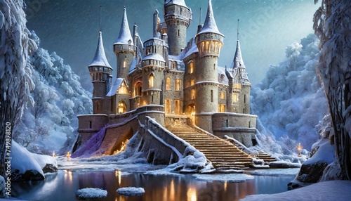 fantasy castle in the snow 3d render fantasy theme a beautiful architectural castle with large steps on the stairs surrounded by ice and water under a clear sky generated