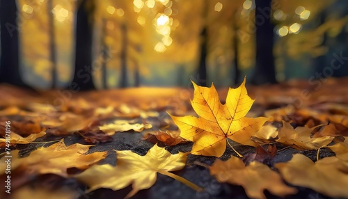 golden autumn leaves in the forest yellow maple leaves on the ground in late afternoon in the park beautiful seasonal background