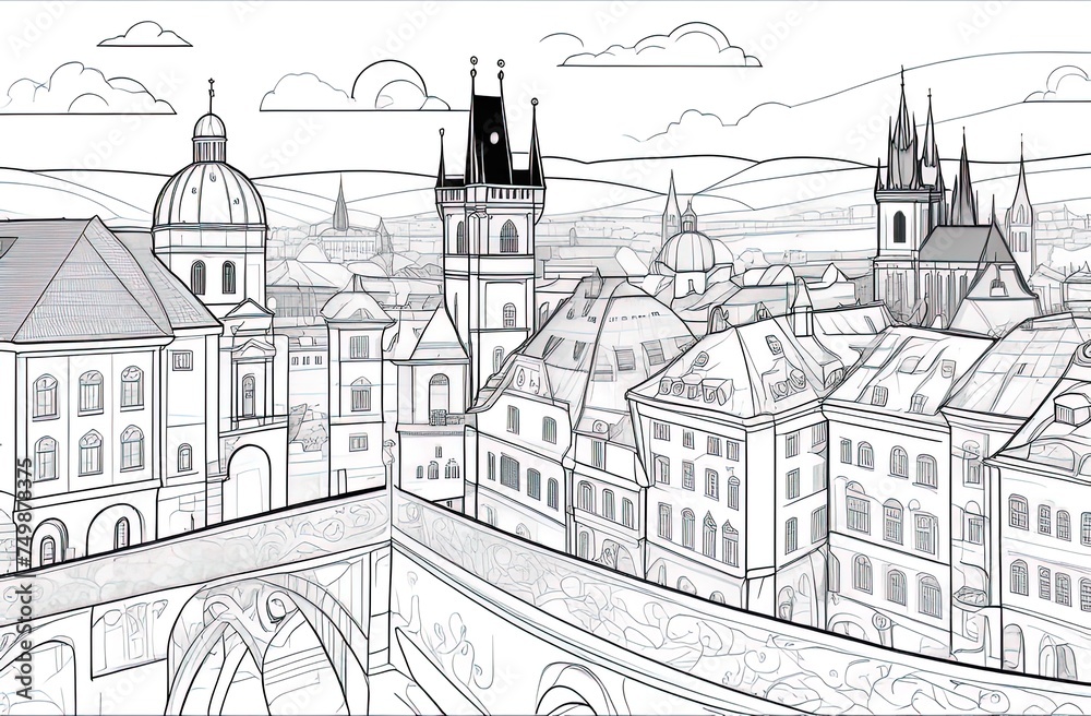 Coloring for adult with Prague. Czech Republic. Coloring page in line style. European landscapes. Europe collection.  illustration