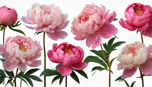 set flowers pink peonies on isolated background with clipping path closeup for design transparent background nature