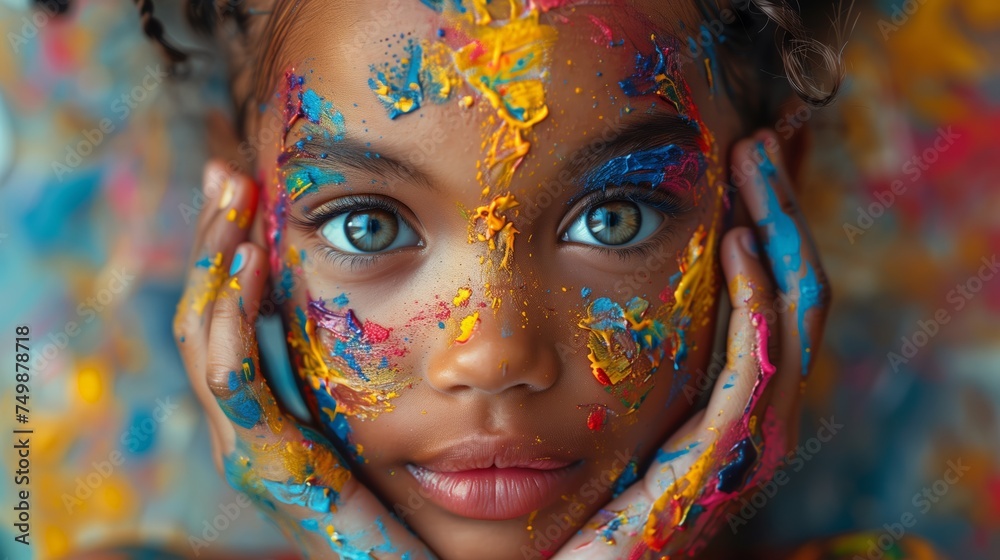 a young girl with paint on her face is holding her hands to her face