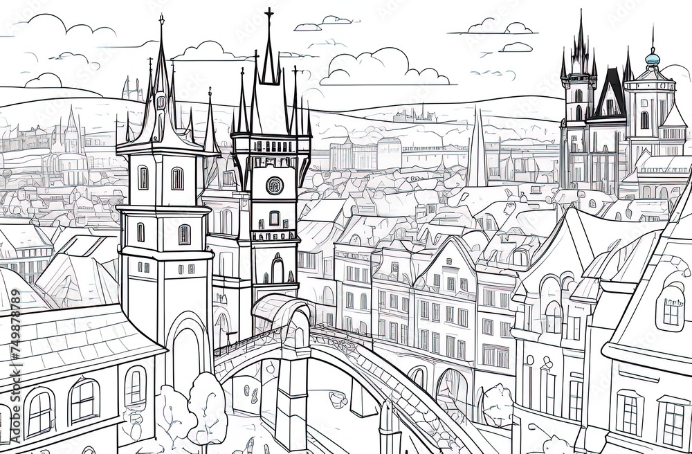 Coloring for adult with Prague. Czech Republic. Coloring page in line style. European landscapes. Europe collection. illustration