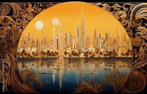 A view of the Dubai with the Burj Khalifa in style of Gustav Klimt