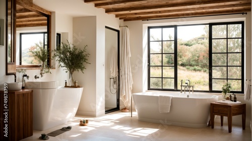 Radiant Bath with Tub and Scenic Outdoor View