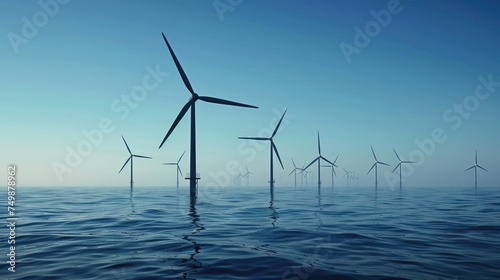 Sustainable energy generation with wind turbines towering over the ocean, a blue sky background accentuating clean power solutions - AI generated