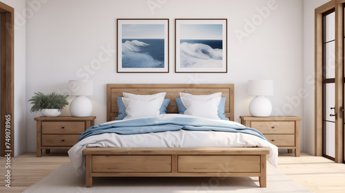 Serene Bedroom Decor with Sky-themed Artwork and Natural Wood Furniture © HecoPhoto