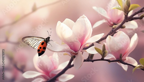 twig with blooming pink magnolia flowers butterfly and ladybug closeup over pink background delicate retro colors pastel toned macro banner background nature floral springtime