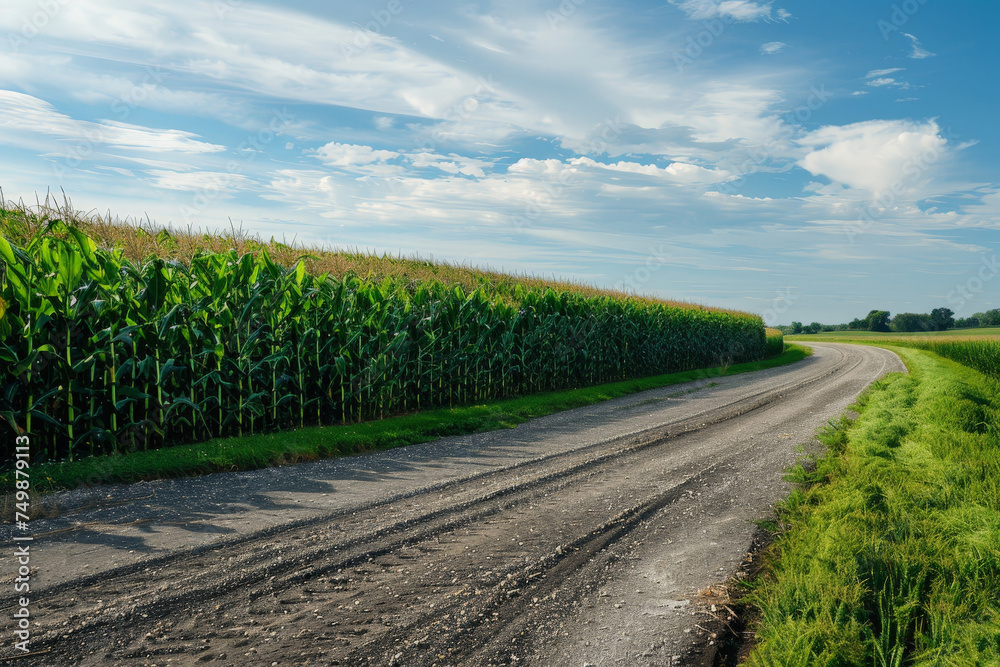 landscape with a country road and corn field at farmland