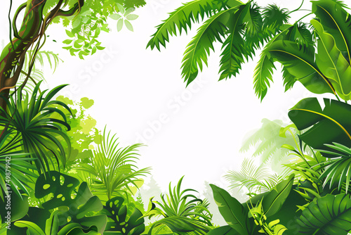 Lush green tropical foliage with a bright white background