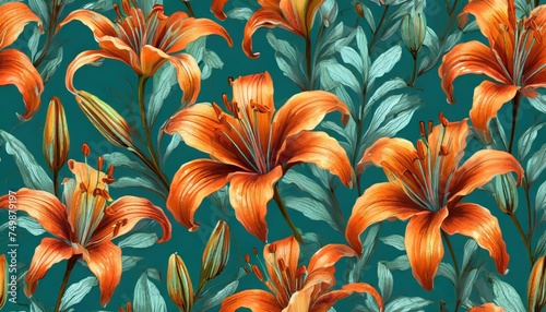 vibrant floral seamless pattern hand drawn orange lilies on turquoise background