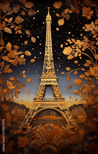 Views of Paris and the Eiffel Tower in style of Gustav Klimt