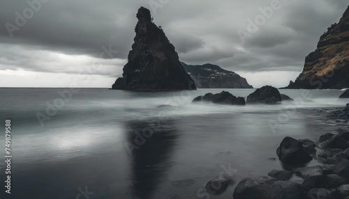 black rock in the waters off the coast of the island of madeira portugal not far from the town of porto moniz