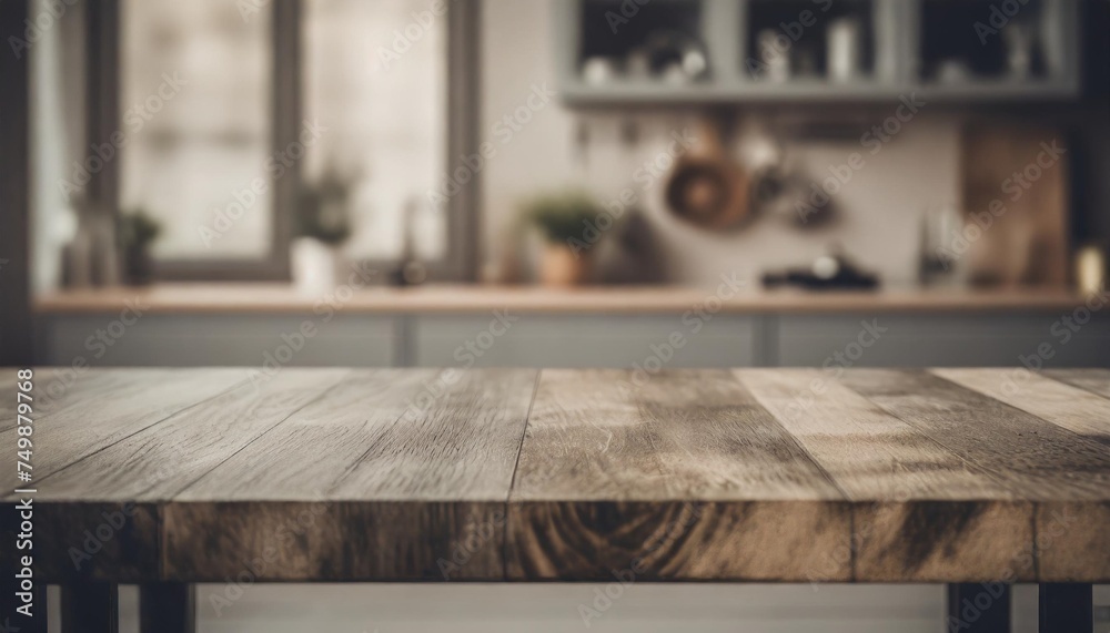 wooden table top view for product montage over blurred kitchen interior background