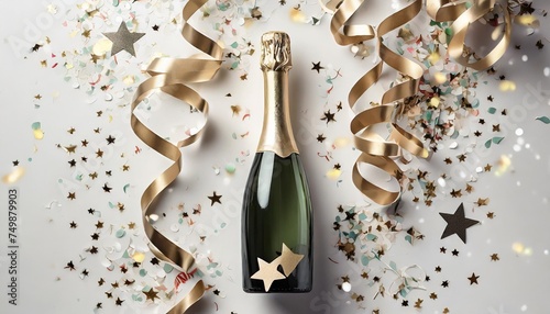 champagne bottle with confetti stars and party streamers on white festive background christmas birthday or wedding concept flat lay