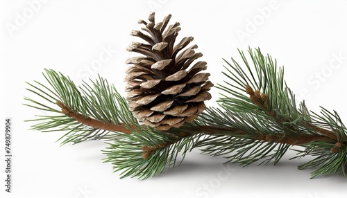 pine tree branch with cone isolated on white background