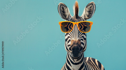 Stylish zebra with orange sunglasses on a blue