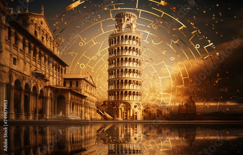 A view of the Leaning Tower of Pisa in style of Gustav Klimt