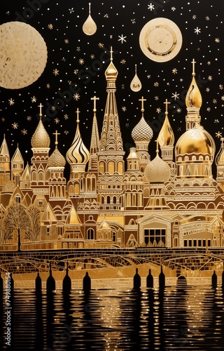 A view of the Moscow with the Kremlin in style of Gustav Klimt