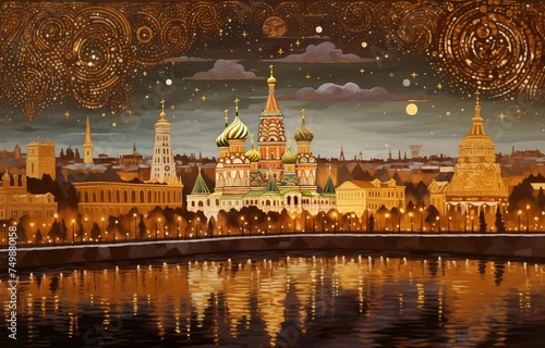 A view of the Moscow with the Kremlin in style of Gustav Klimt