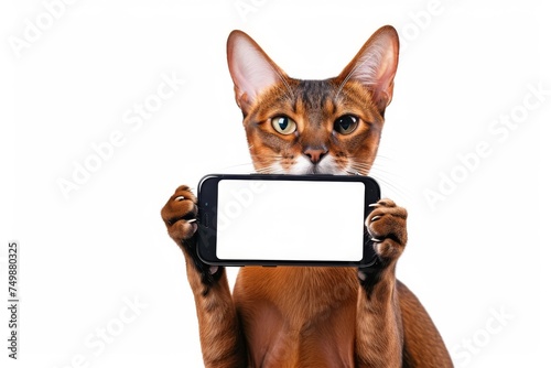 Abyssinian Cat Sitting Upright and Holding a Blank Smartphone Screen Up, Showcasing Curiosity and Technology Concept