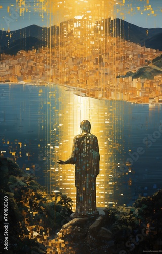 A view of the Rio de Janeiro with the statue of Christ in style of Gustav Klimt