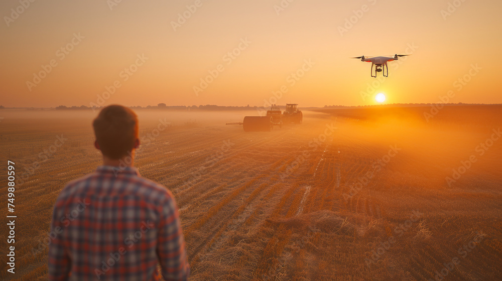 Fototapeta premium Drones and Smart Tractors in Action 