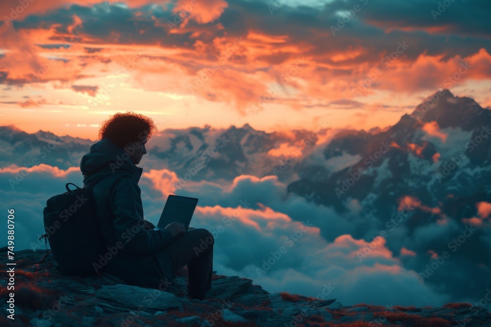 Person working on laptop on top of mountain at beautiful sunset overlooking stunning landscape