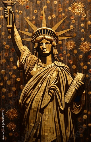 A view of the statue of liberty in New York in style Gustav Klimt