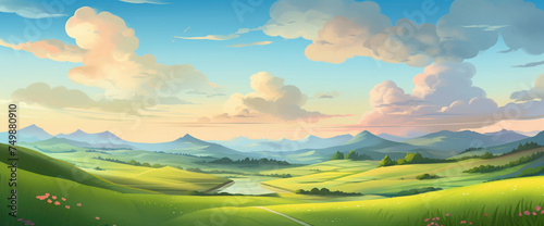 Idyllic gradient countryside with rolling hills and a vibrant sky  capturing the cutest and most beautiful rural landscape.