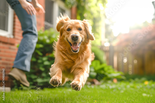 An exuberant golden retriever running towards the camera with a playful leap in a sunny backyard, evoking feelings of joy and playfulness. 