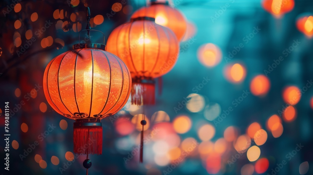 Colorful Chinese lanterns hanging on the street at night with beautiful bokeh effect, creating a festive atmosphere Colorful Chinese lanterns hanging on the street at night with beautiful bokeh effect, creating a festive atmosphere