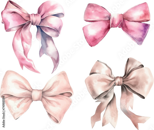 Set of pink bows painted in watercolor