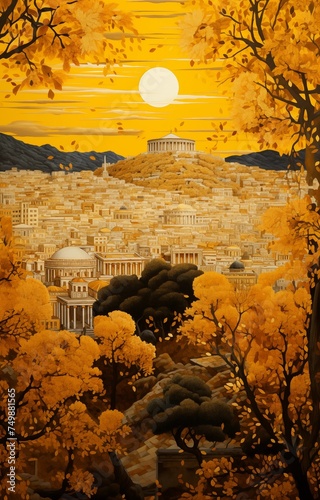 A view of the Athens with the Acropolis in style Gustav Klimt