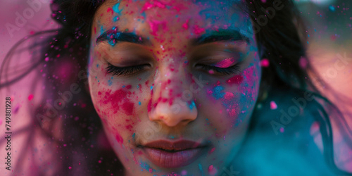 Holi festival. Close up portrait of beautiful indian young woman with closed eyes at hindu Holi holiday.